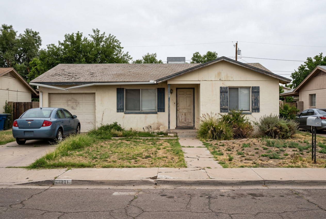 Home before — worn exterior, overgrown yard