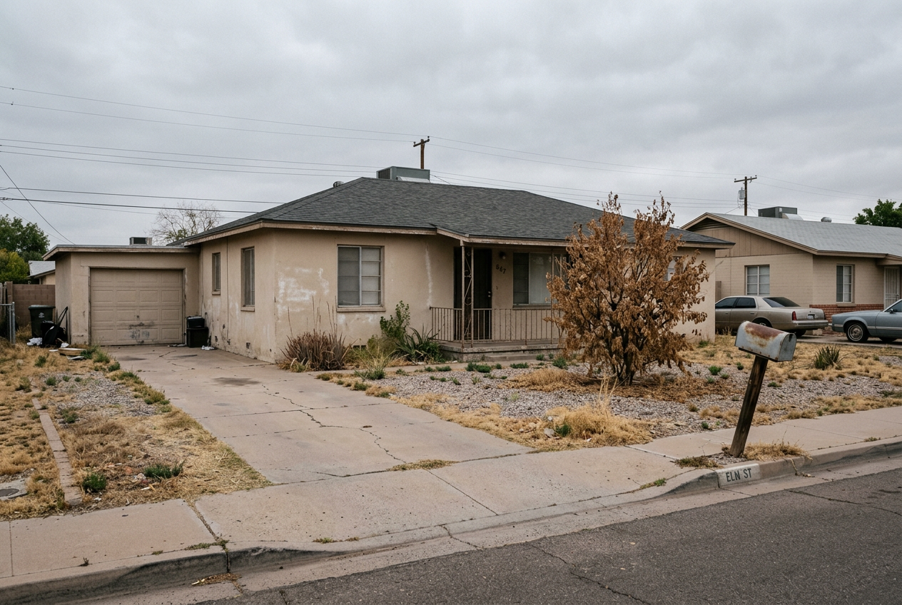 Home before — faded stucco, overgrown yard