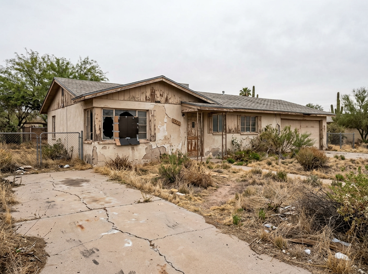 Distressed Mesa AZ home before cash purchase — overgrown yard, faded stucco