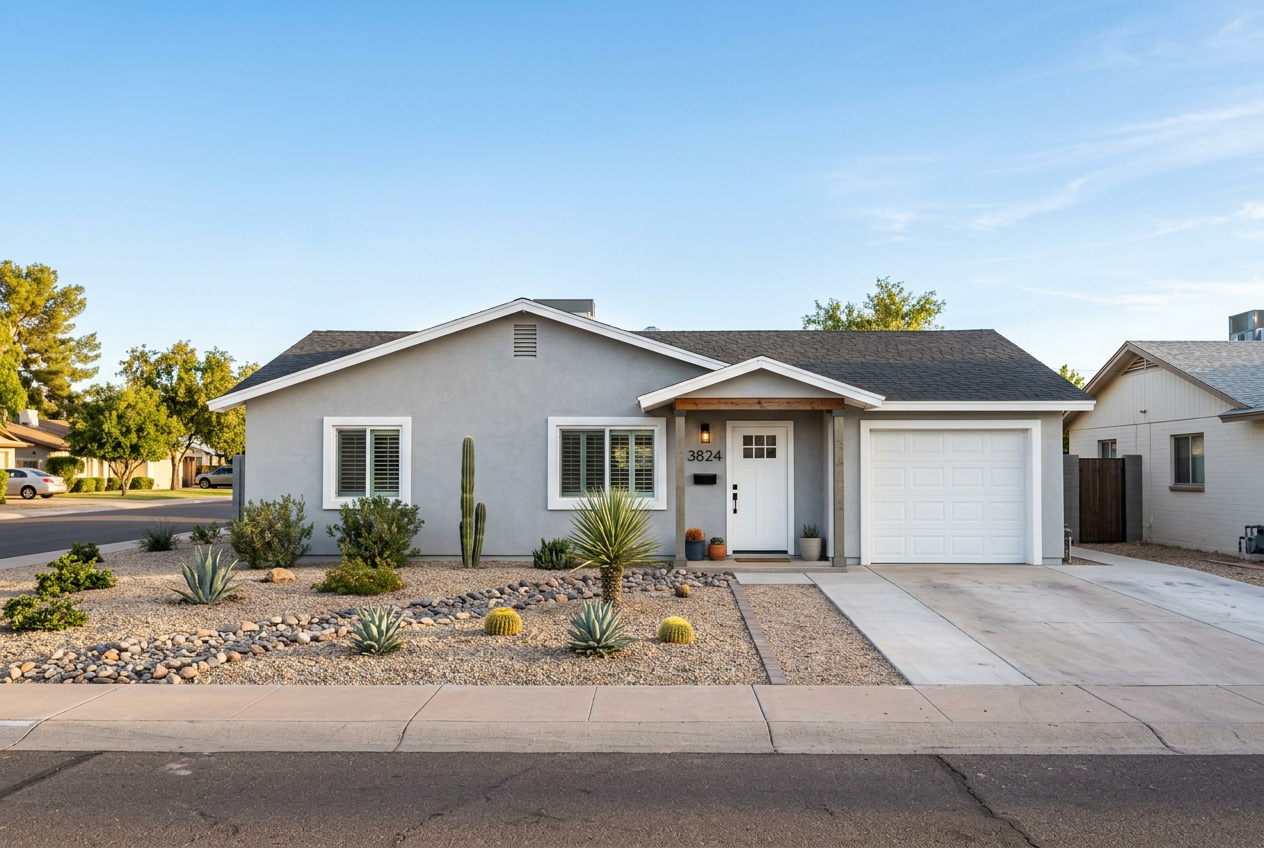 Home after — renovated exterior, desert landscaping