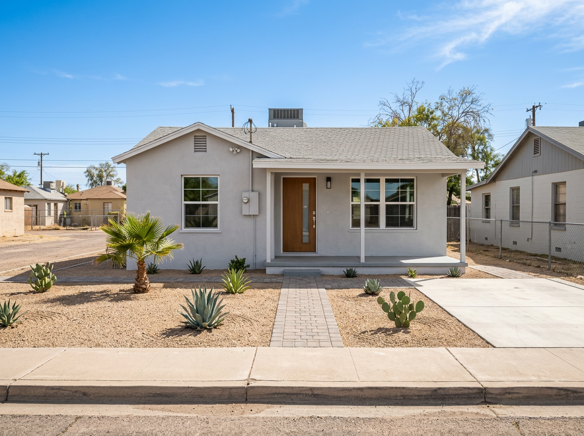 Renovated gray stucco Phoenix AZ home after cash purchase — fresh exterior