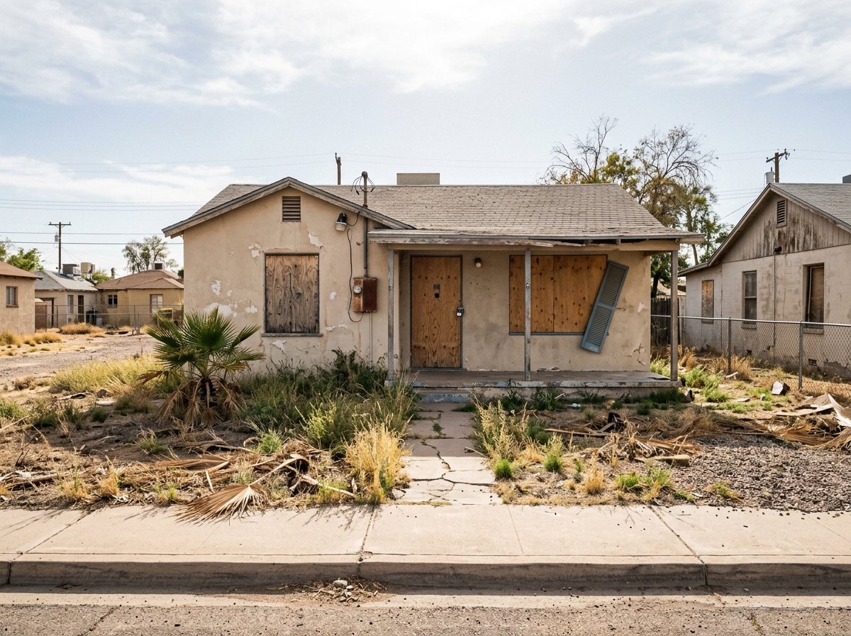 Vacant boarded-up Phoenix AZ home before cash purchase — distressed condition