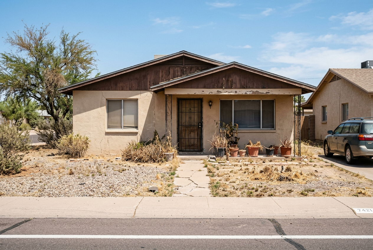 Home before — sun-bleached, deferred maintenance
