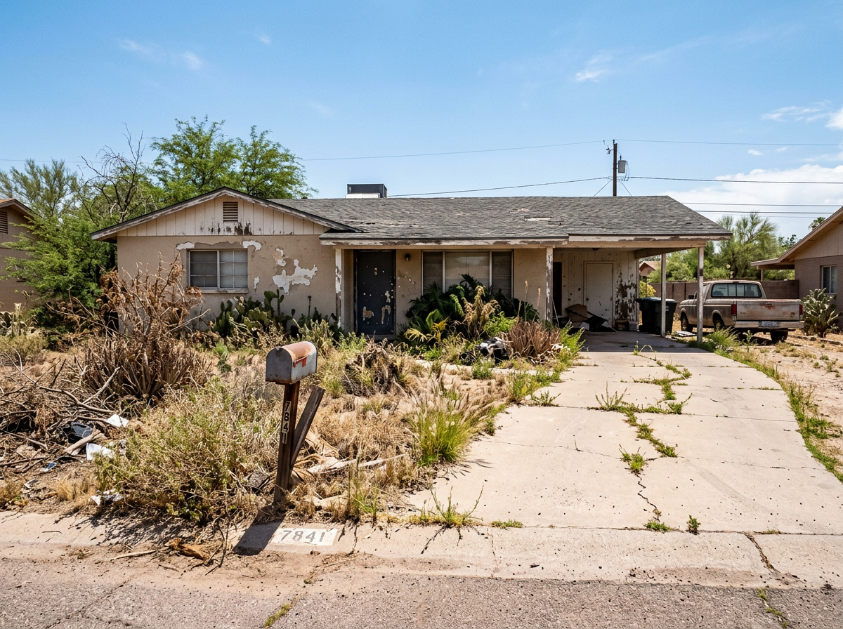Neglected Scottsdale AZ ranch home before cash purchase — dead plants, peeling paint