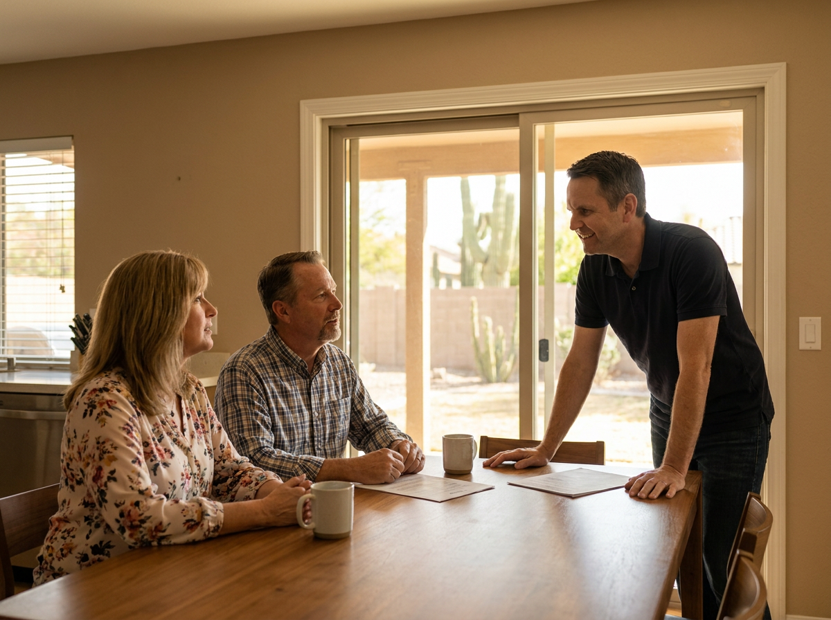 Scott Durham speaking with a homeowner at their kitchen table