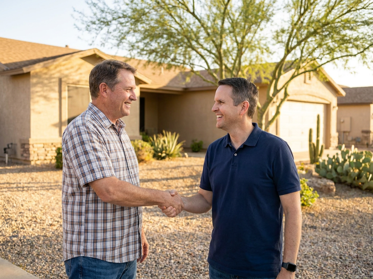 Scott Durham shaking hands with a homeowner outside their Arizona home